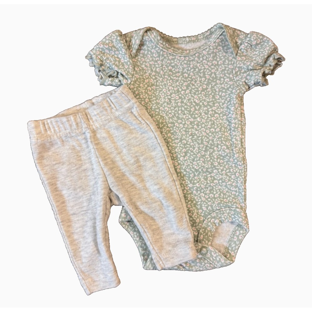 Carter's Preemie Baby Girl Outfit Floral Bodysuit Pants Shirt 2 Piece Green Gray